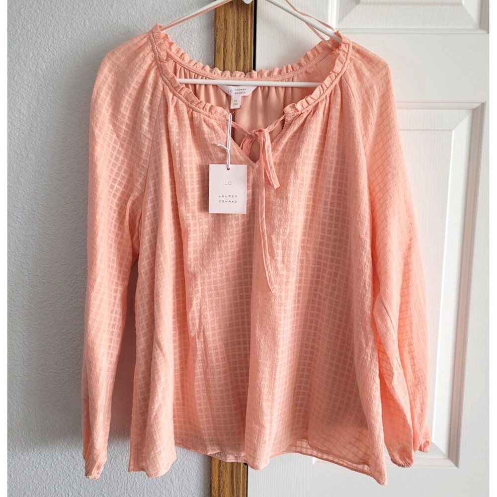 NWT Lauren Conrad Flowy Lined Popover Blouse Sz M Peach Plaid Textured Top Tie